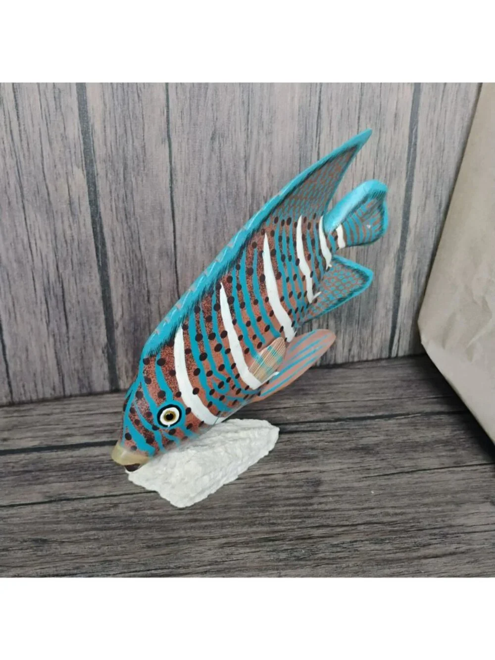 Hand-Painted Wooden Tropical Fish Figurine Blue Orange Stripes On Natural Base